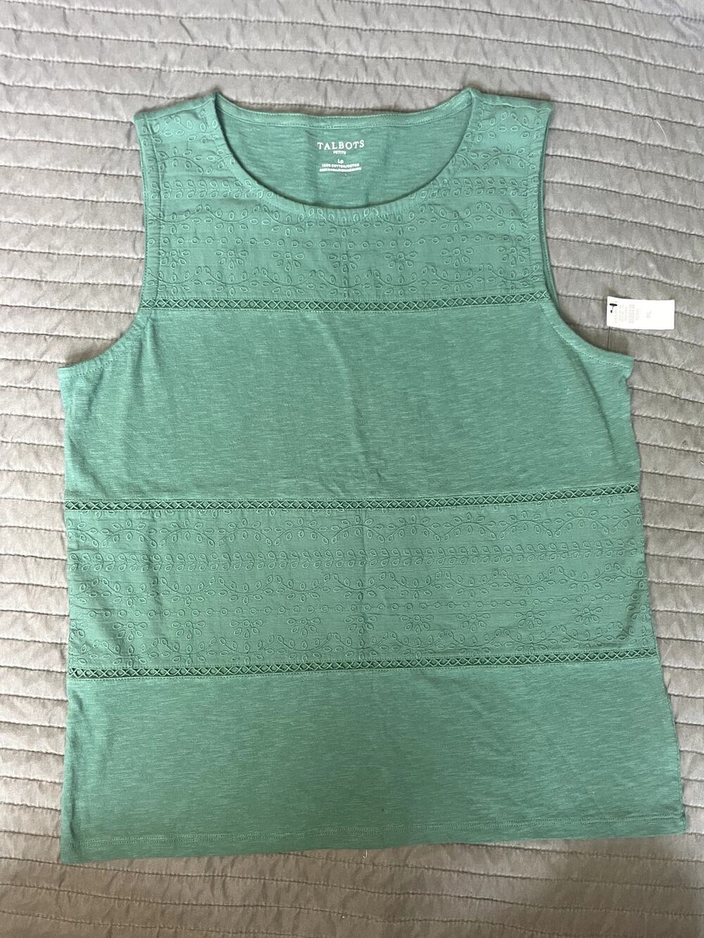 Talbots NWT Sage Green Embroidered 100% Cotton Tank Top Size LP